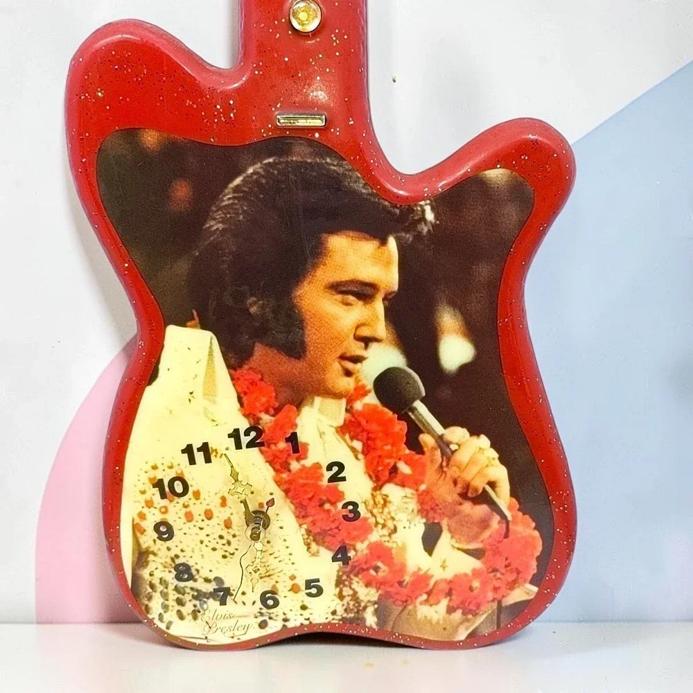 VTG 90s Elvis Presley Guitar Wall Clock Glitter Aloha Hawaii Resin Wood 39